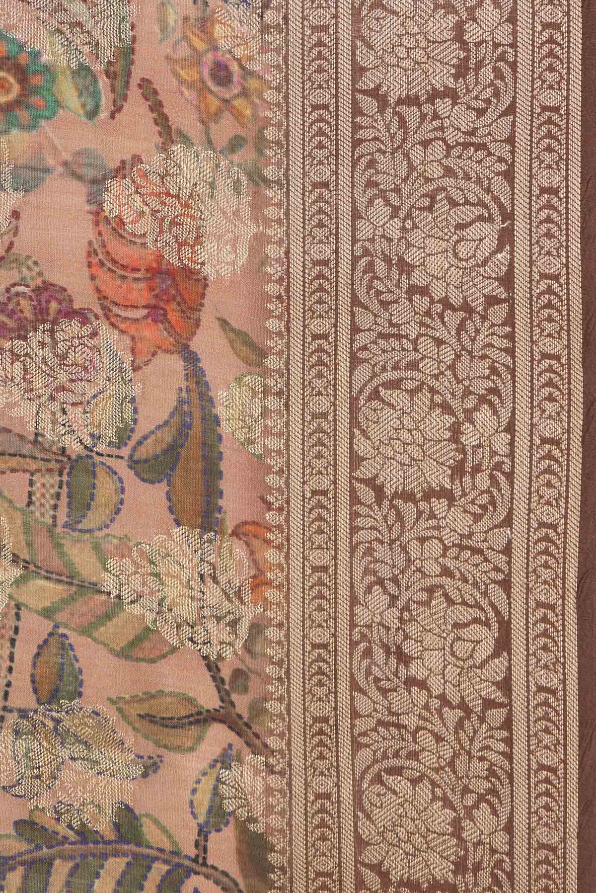 Border image of Brown Dual Tone Tussar Silk Saree with Printed design on the body and Zari Border. 