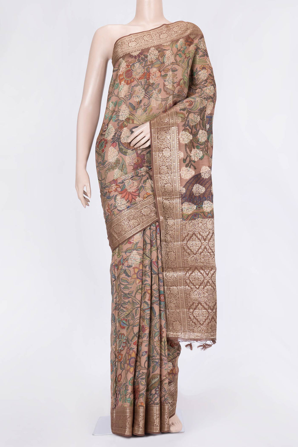Brown Dual Tone Tussar Silk Saree with Printed design on the body and Zari Border.  displayed on a mannequin