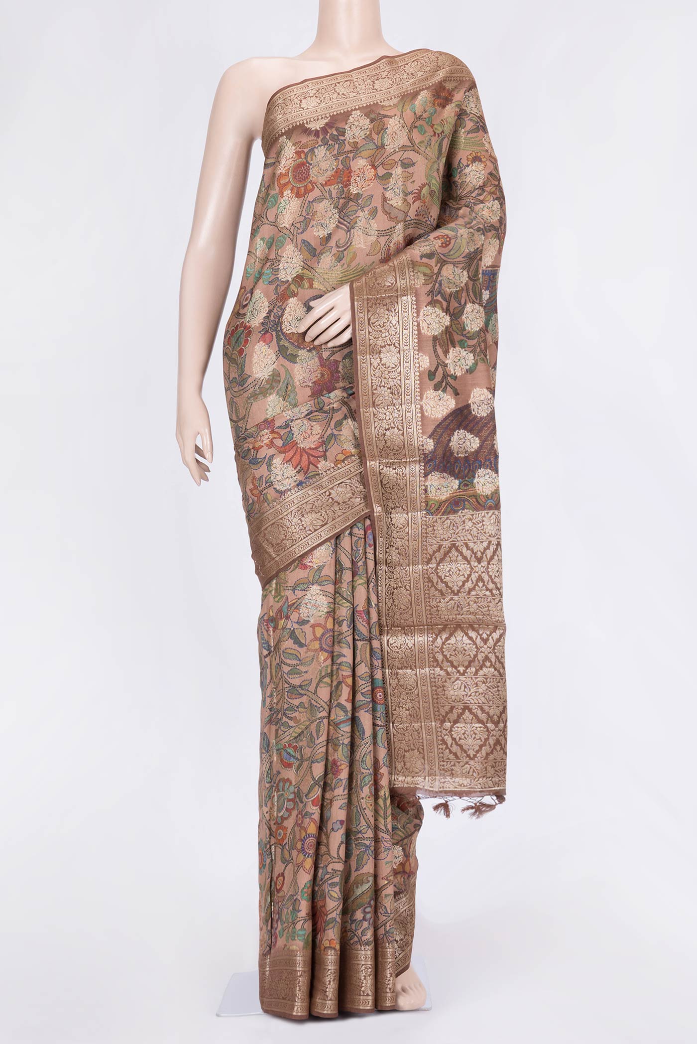 Brown Dual Tone Tussar Silk Saree with Printed design on the body and Zari Border.  displayed on a mannequin