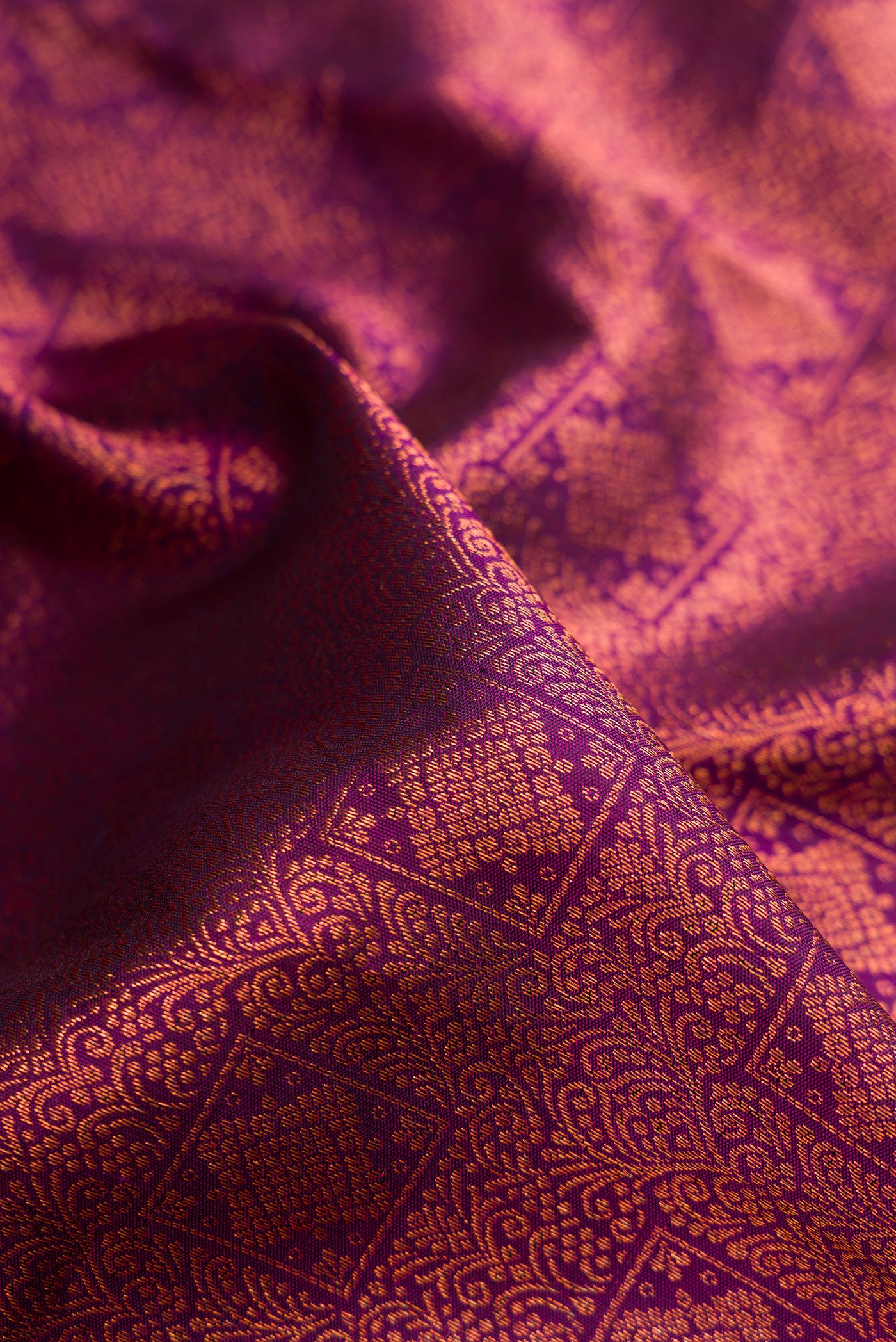 Close up of Purple Dual Tone Kanchipuram Silk Saree with Zari Brocade on the body and Fancy Border.  displaying folds