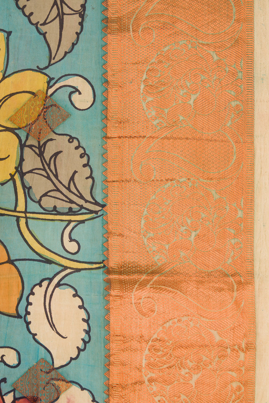 Border image of Blue Dual Tone Kanchipuram Silk Saree with kalamkari Print on the body and Zari Border. 
