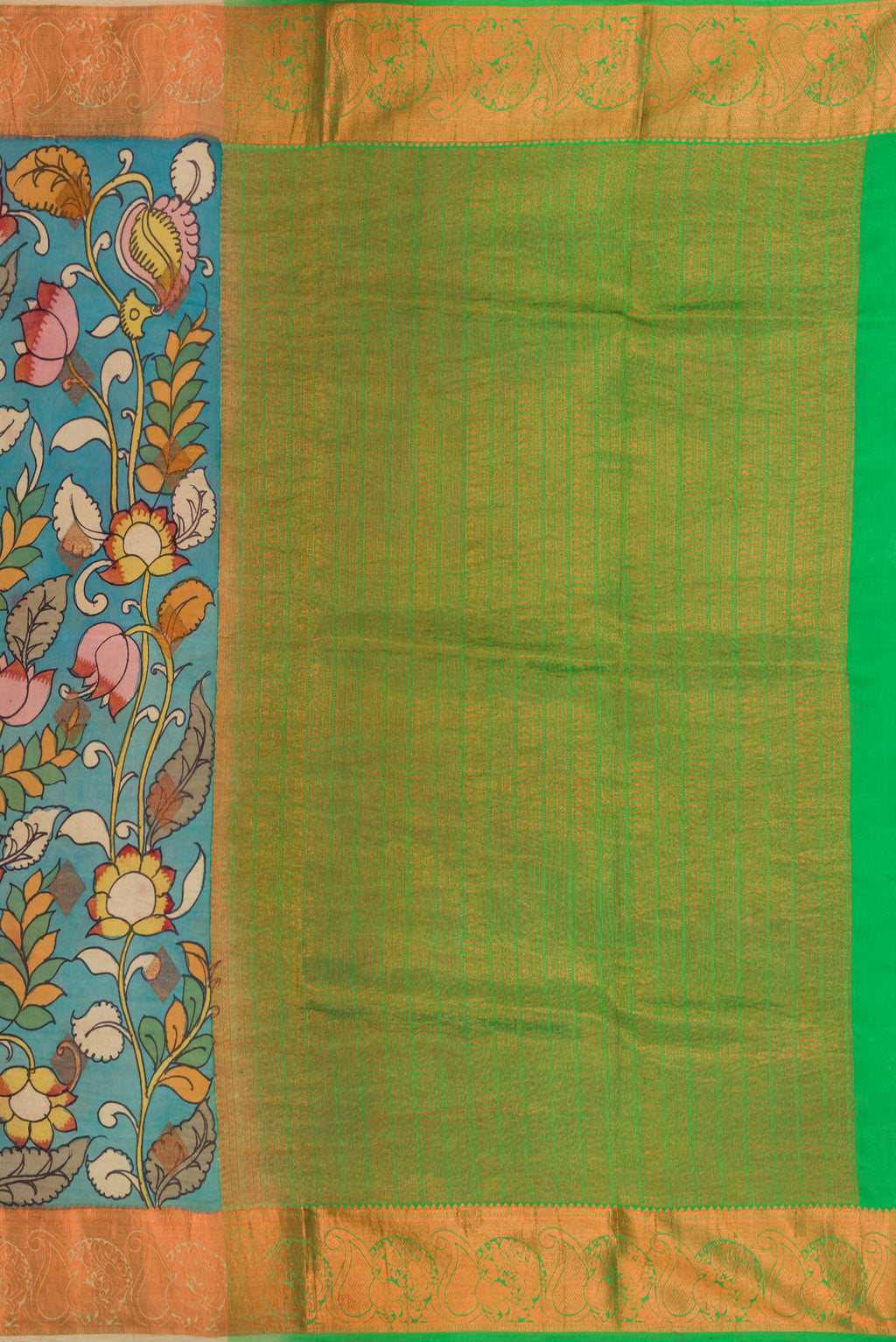 Close up image of the pallu of Blue Dual Tone Kanchipuram Silk Saree with kalamkari Print on the body and Zari Border. 