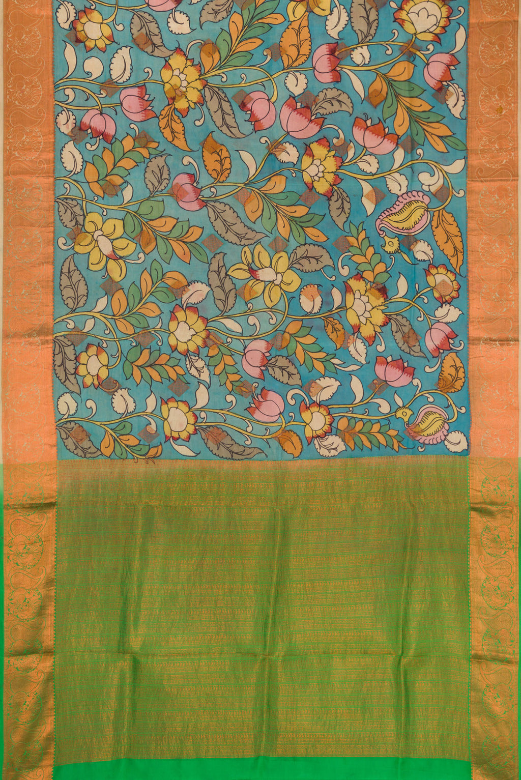 Flat view of Blue Dual Tone Kanchipuram Silk Saree with kalamkari Print on the body and Zari Border. 