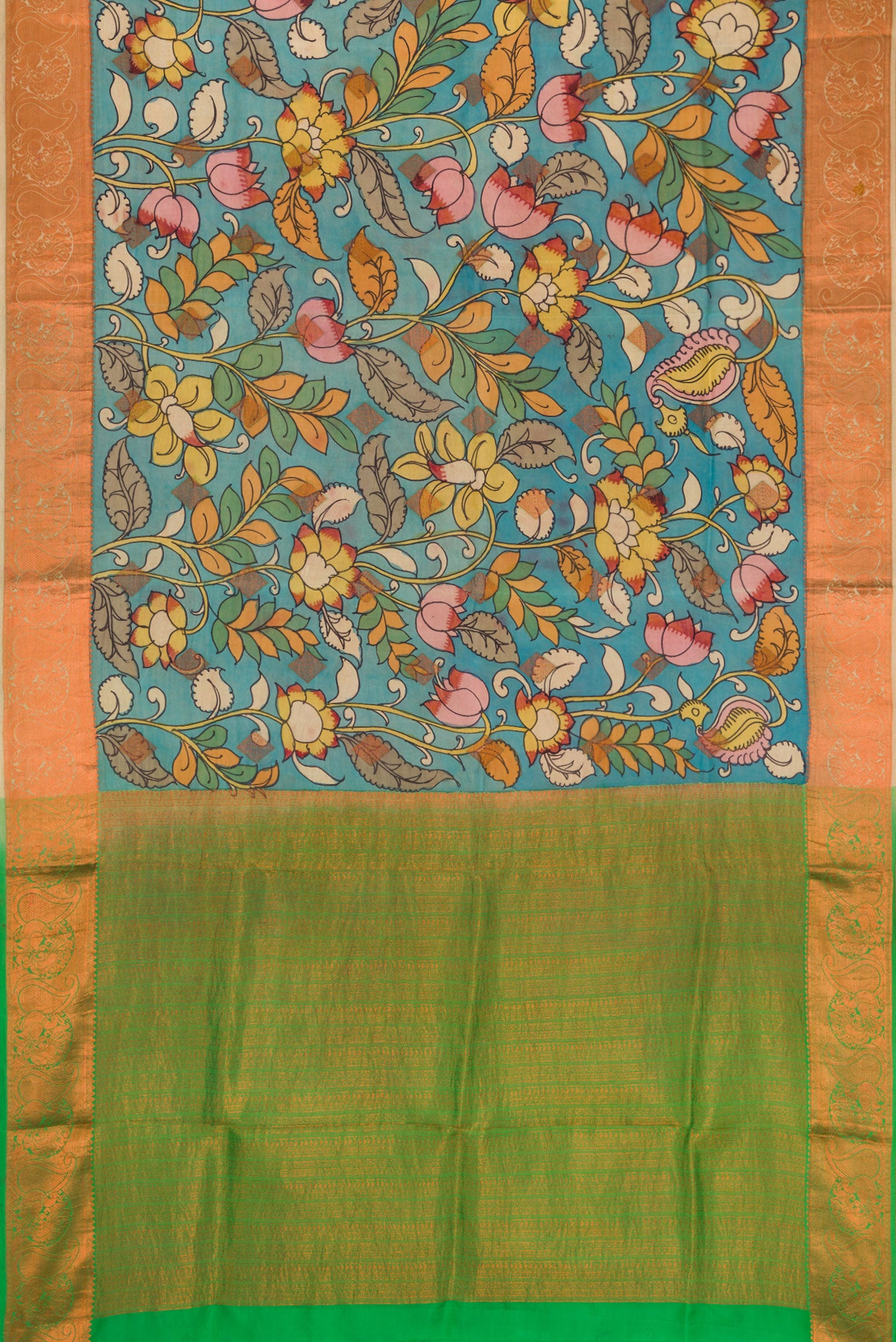 Flat view of Blue Dual Tone Kanchipuram Silk Saree with kalamkari Print on the body and Zari Border. 