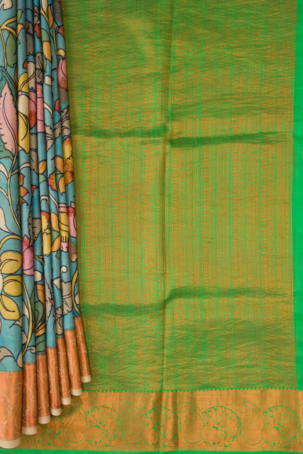 Pleats and pallu of Blue Dual Tone Kanchipuram Silk Saree with kalamkari Print on the body and Zari Border. 