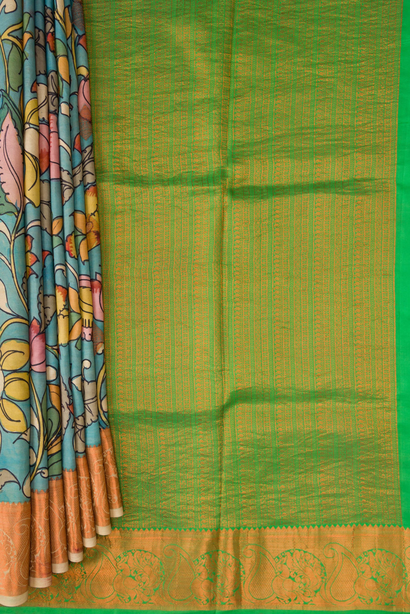 Pleats and pallu of Blue Dual Tone Kanchipuram Silk Saree with kalamkari Print on the body and Zari Border. 