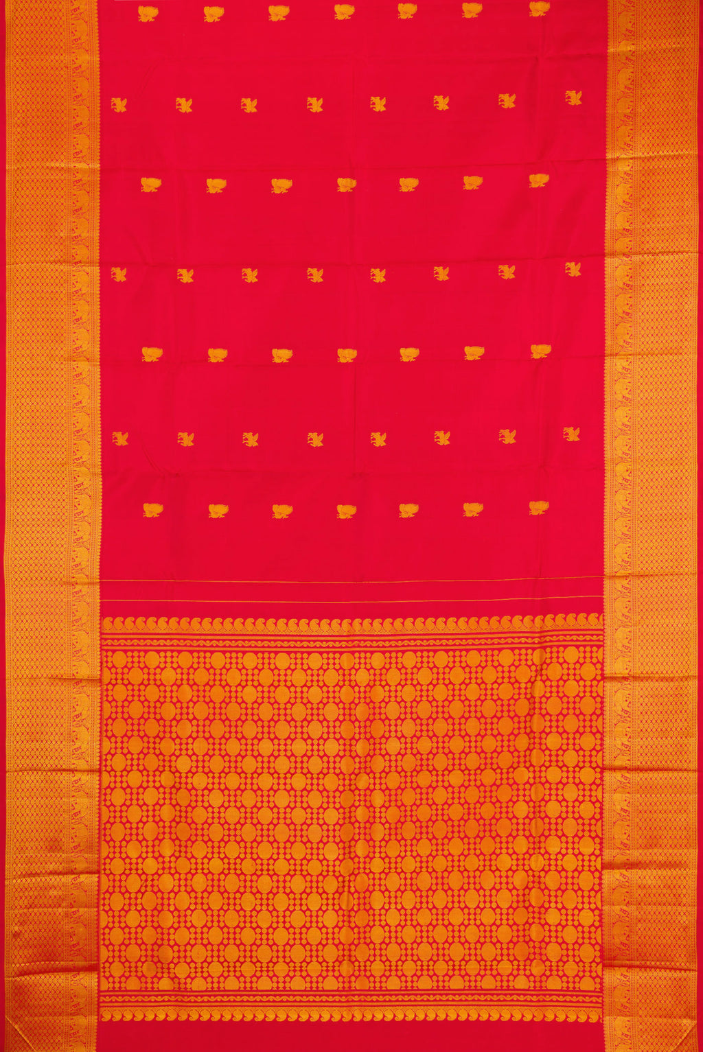 Flat view of Red Kanjivaram Silk Saree with Thread Butta on the body and Thread Border. 