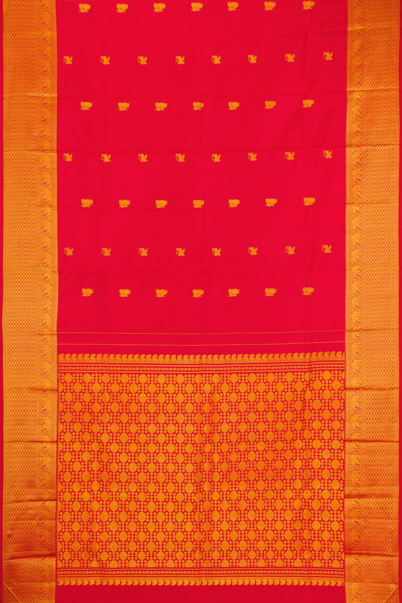 Flat view of Red Kanjivaram Silk Saree with Thread Butta on the body and Thread Border. 