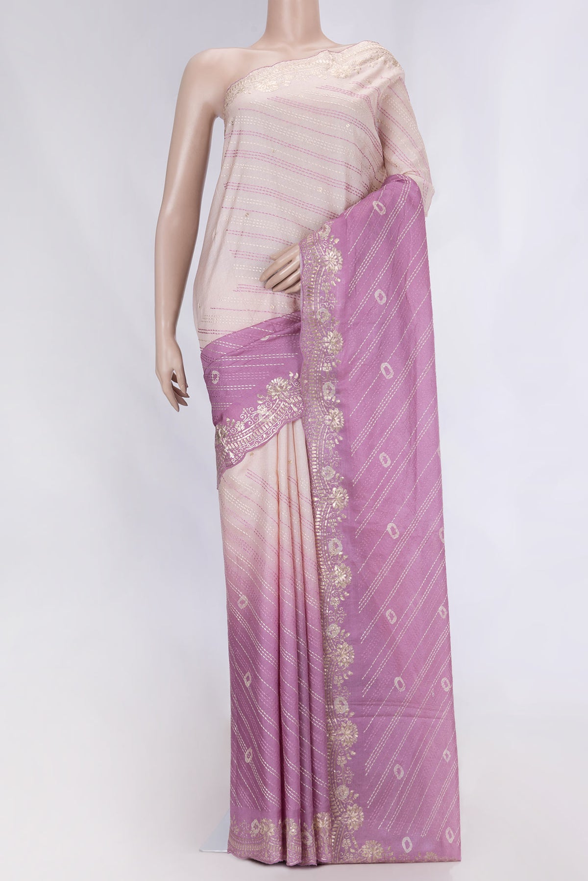 Multi Color Tussar Silk Saree with Embroidery on the body and Embroidery Border displayed on a mannequin