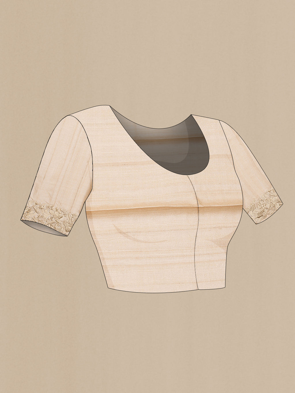 Close up image of the blouse of Beige Dual Tone Tussar Silk Saree with Printed design on the body and Embroidery Border. 