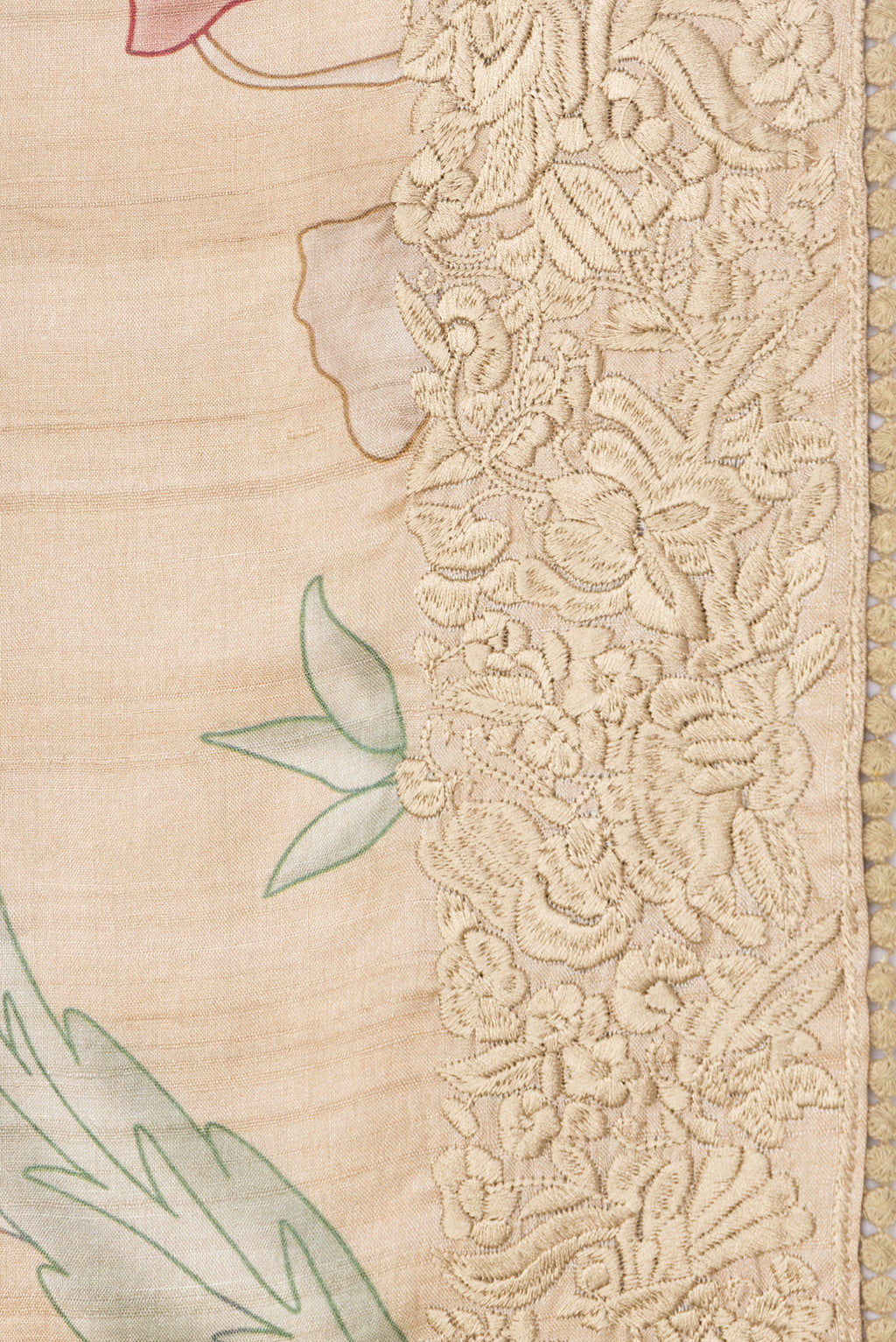 Border image of Beige Dual Tone Tussar Silk Saree with Printed design on the body and Embroidery Border. 