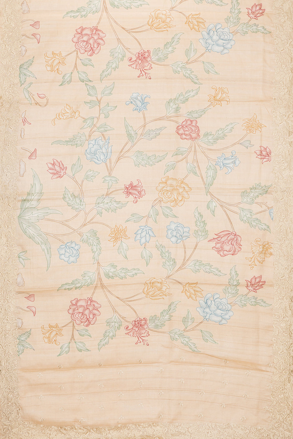 Flat view of Beige Dual Tone Tussar Silk Saree with Printed design on the body and Embroidery Border. 
