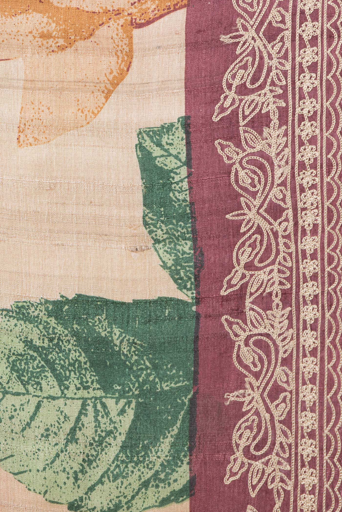 Border image of Beige Dual Tone Tussar Silk Saree with Printed design on the body and Embroidery Border. 