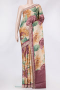 Beige Dual Tone Tussar Silk Saree with Printed design on the body and Embroidery Border.  displayed on a mannequin