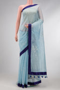 Light Blue Dual Tone Organza Silk Saree with Embroidery on the body and Plain Border.  displayed on a mannequin