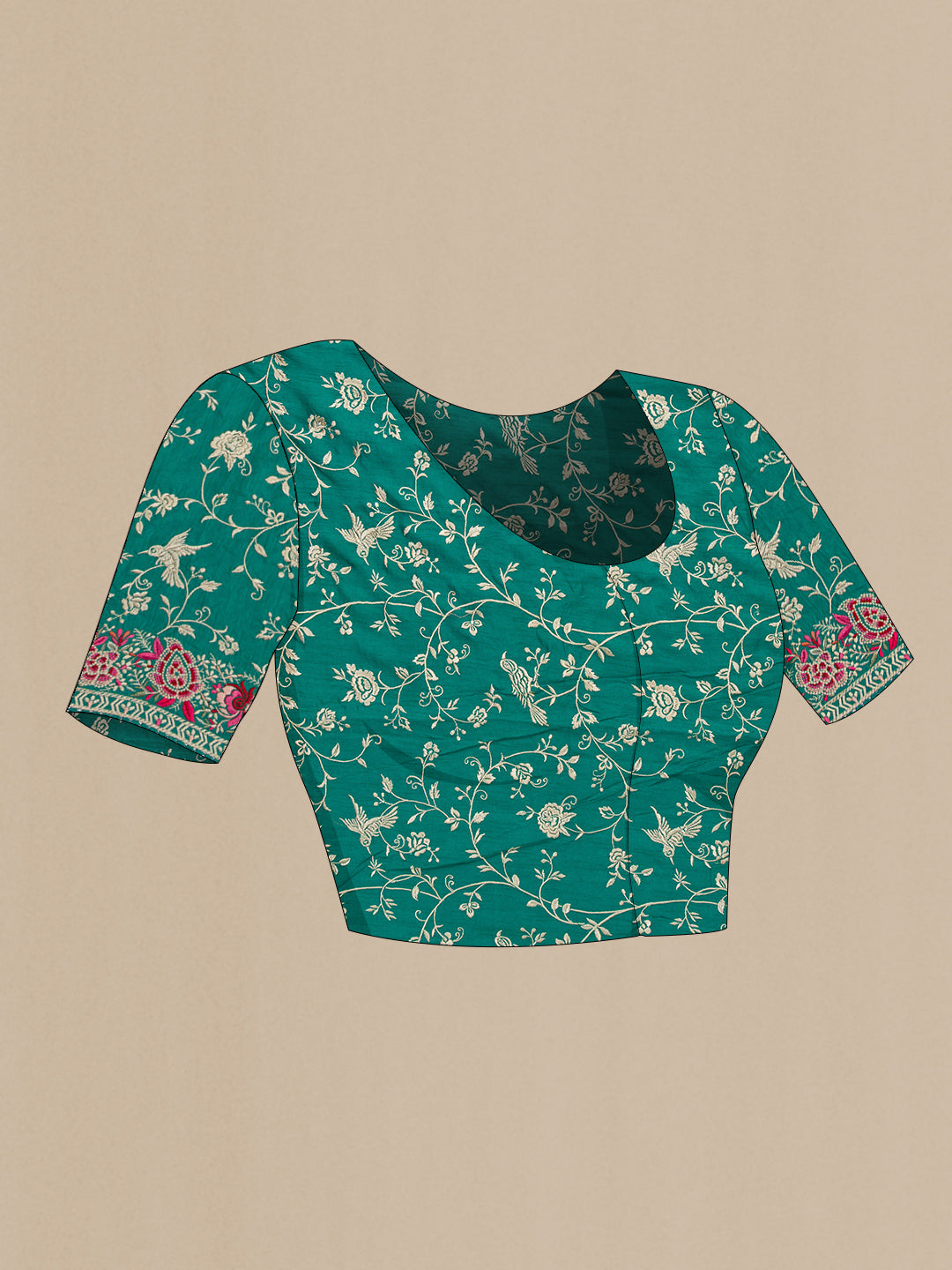 Close up image of the blouse of Green Dual Tone Organza Silk Saree with Embroidery on the body and Embroidery Border. 