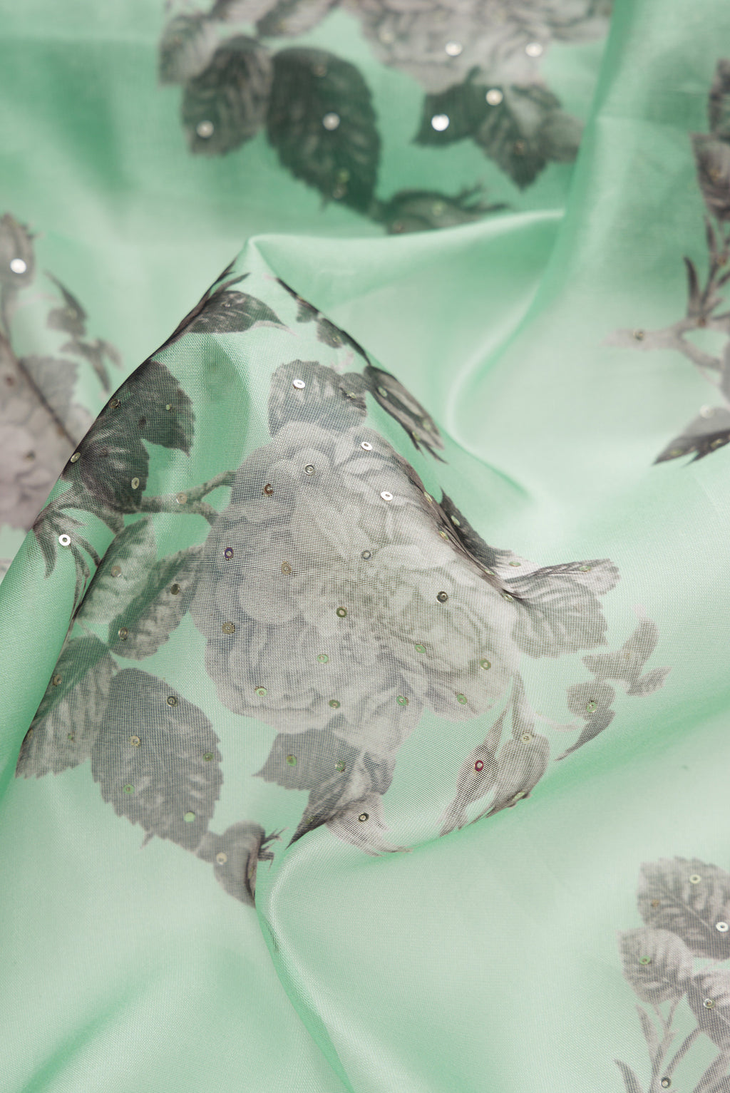 Close up of Pista Green Dual Tone Organza Silk Saree with Embroidery on the body and Embroidery Border.  displaying folds