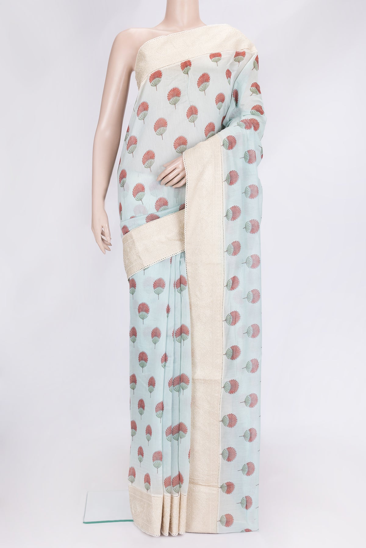 Sea Green Dual Tone Chanderi Silk Saree with Printed design on the body and Embroidery Border.  displayed on a mannequin
