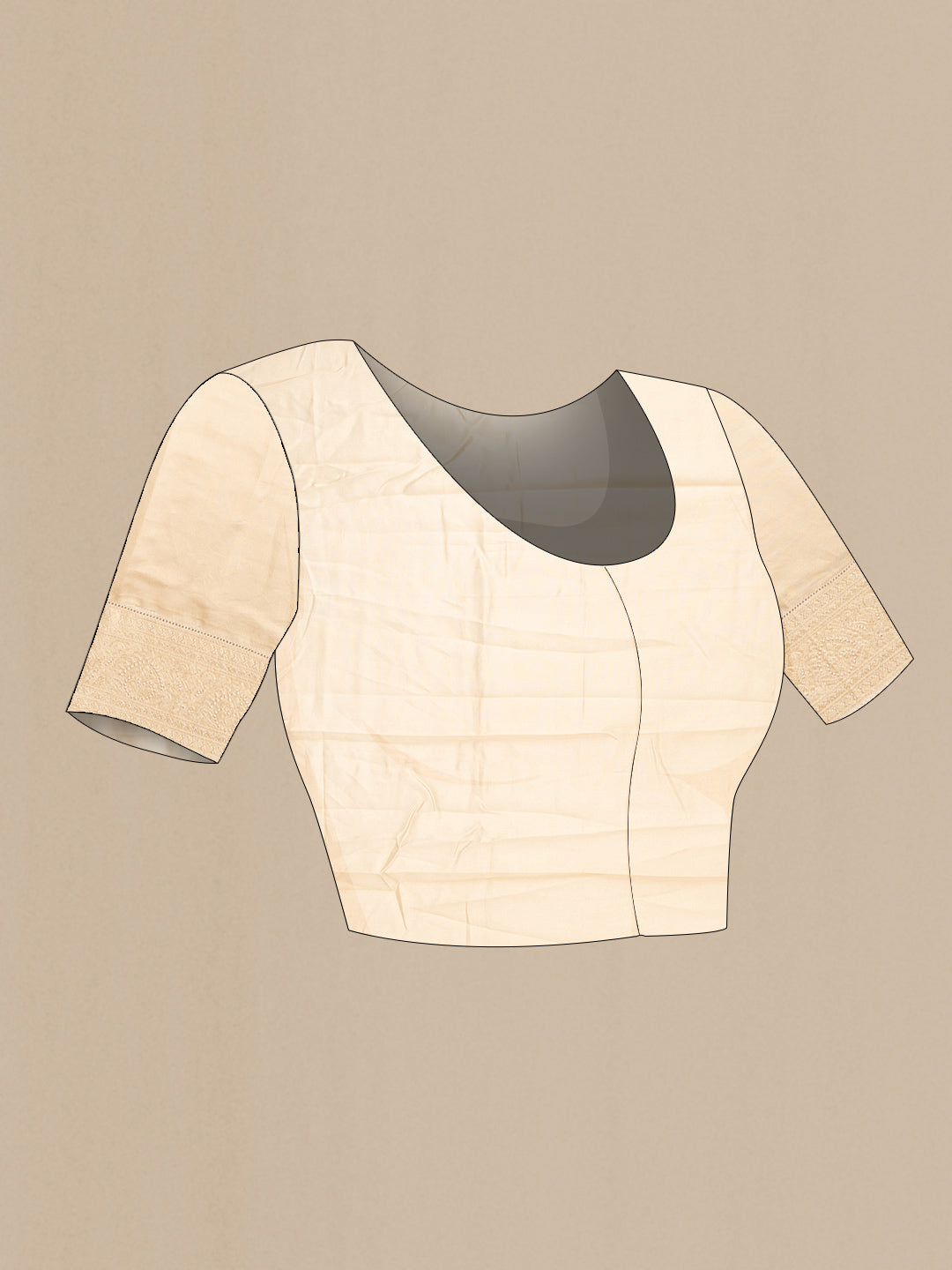 Close up image of the blouse of Golden Peach Dual Tone Chanderi Silk Saree with Printed design on the body and Embroidery Border. 