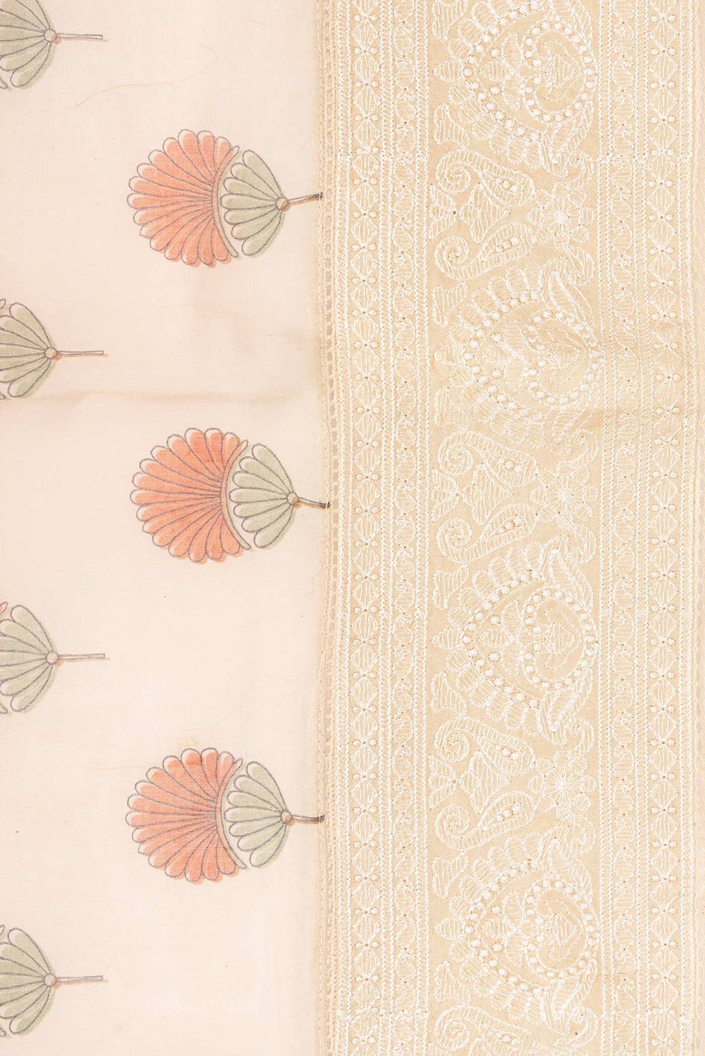 Border image of Golden Peach Dual Tone Chanderi Silk Saree with Printed design on the body and Embroidery Border. 