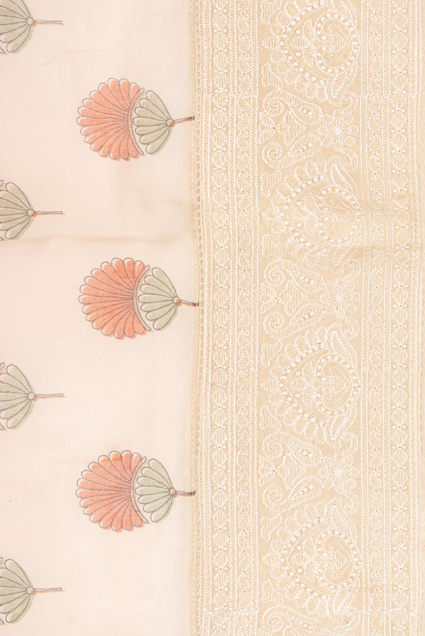 Border image of Golden Peach Dual Tone Chanderi Silk Saree with Printed design on the body and Embroidery Border. 