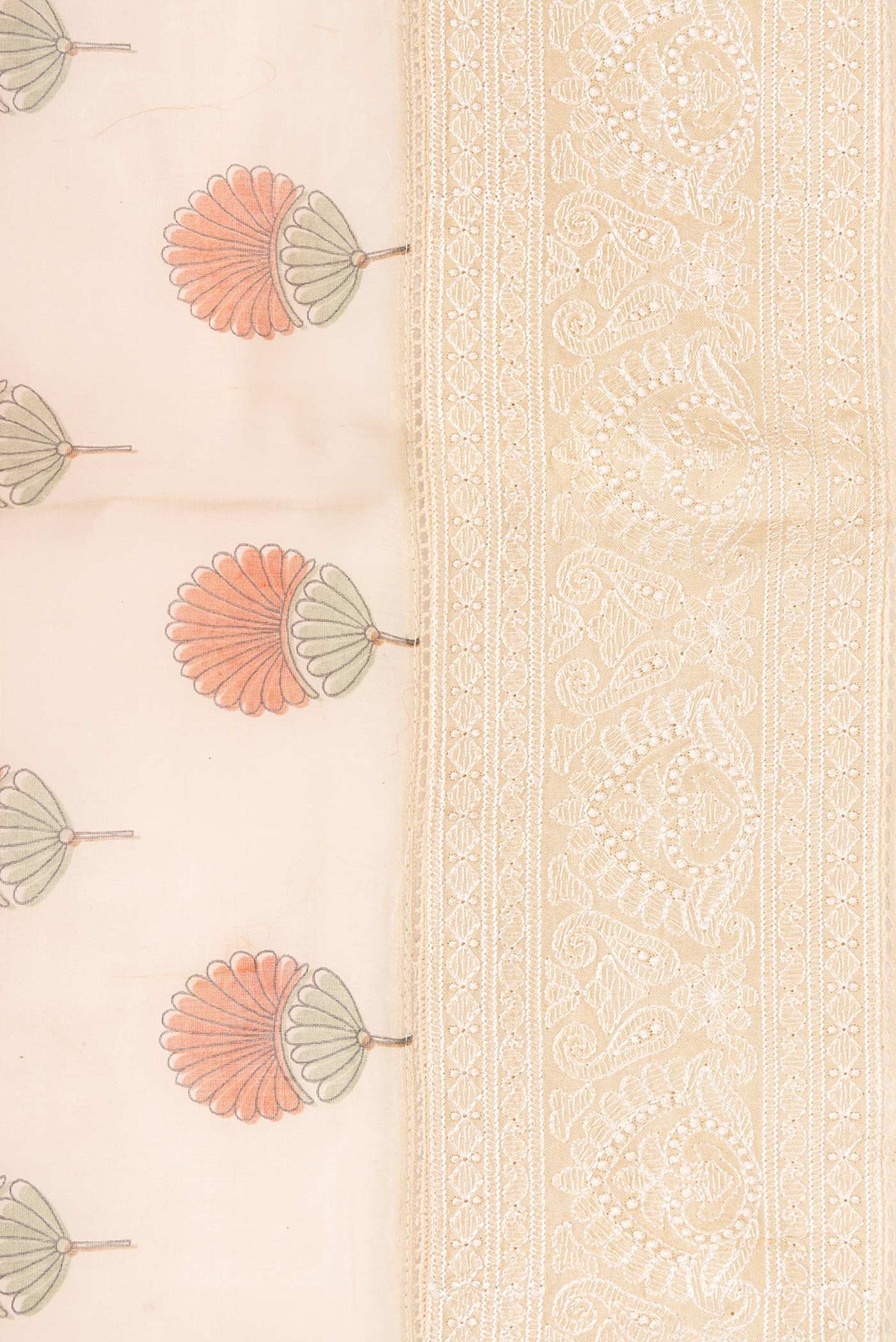 Border image of Golden Peach Dual Tone Chanderi Silk Saree with Printed design on the body and Embroidery Border. 