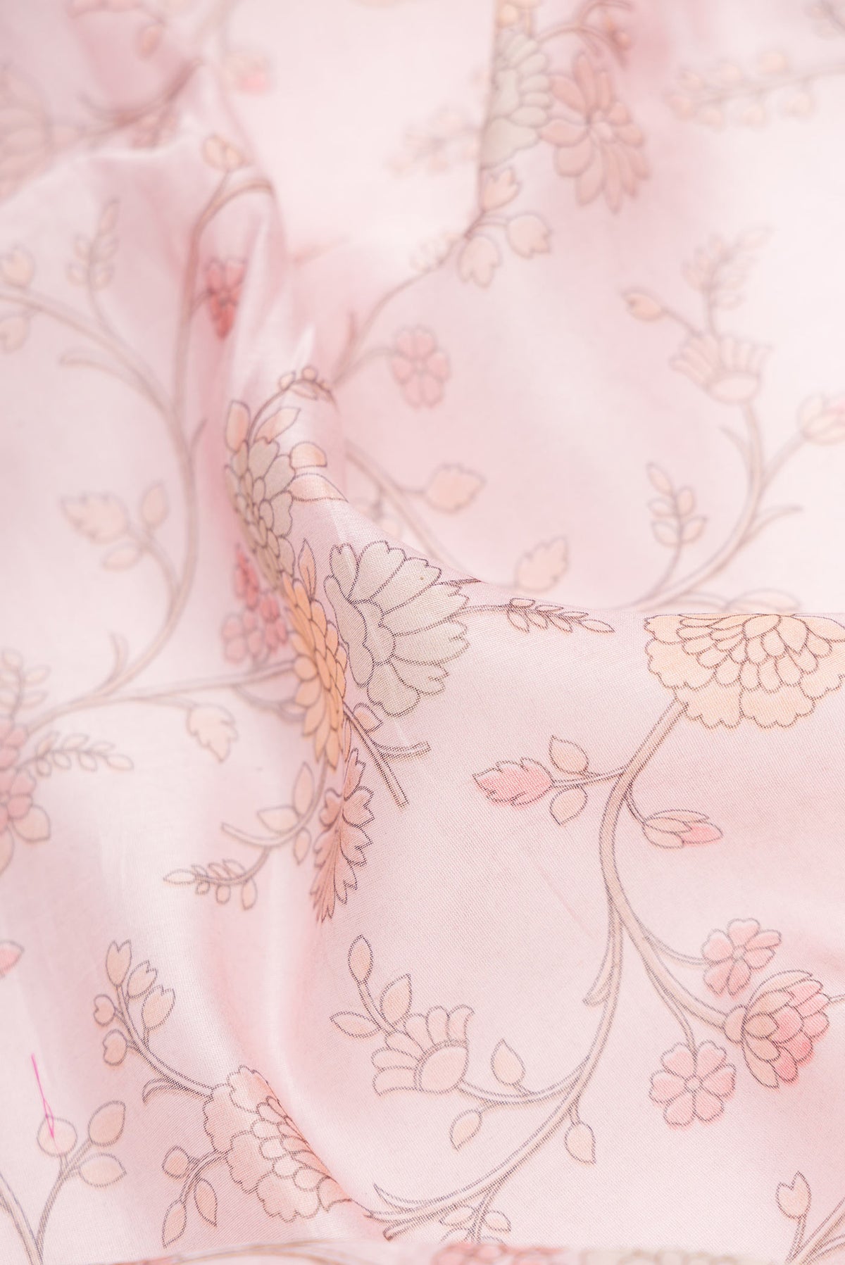 Close up of Pink Dual Tone Chanderi Silk Saree with Printed design on the body and Embroidery Border.  displaying folds