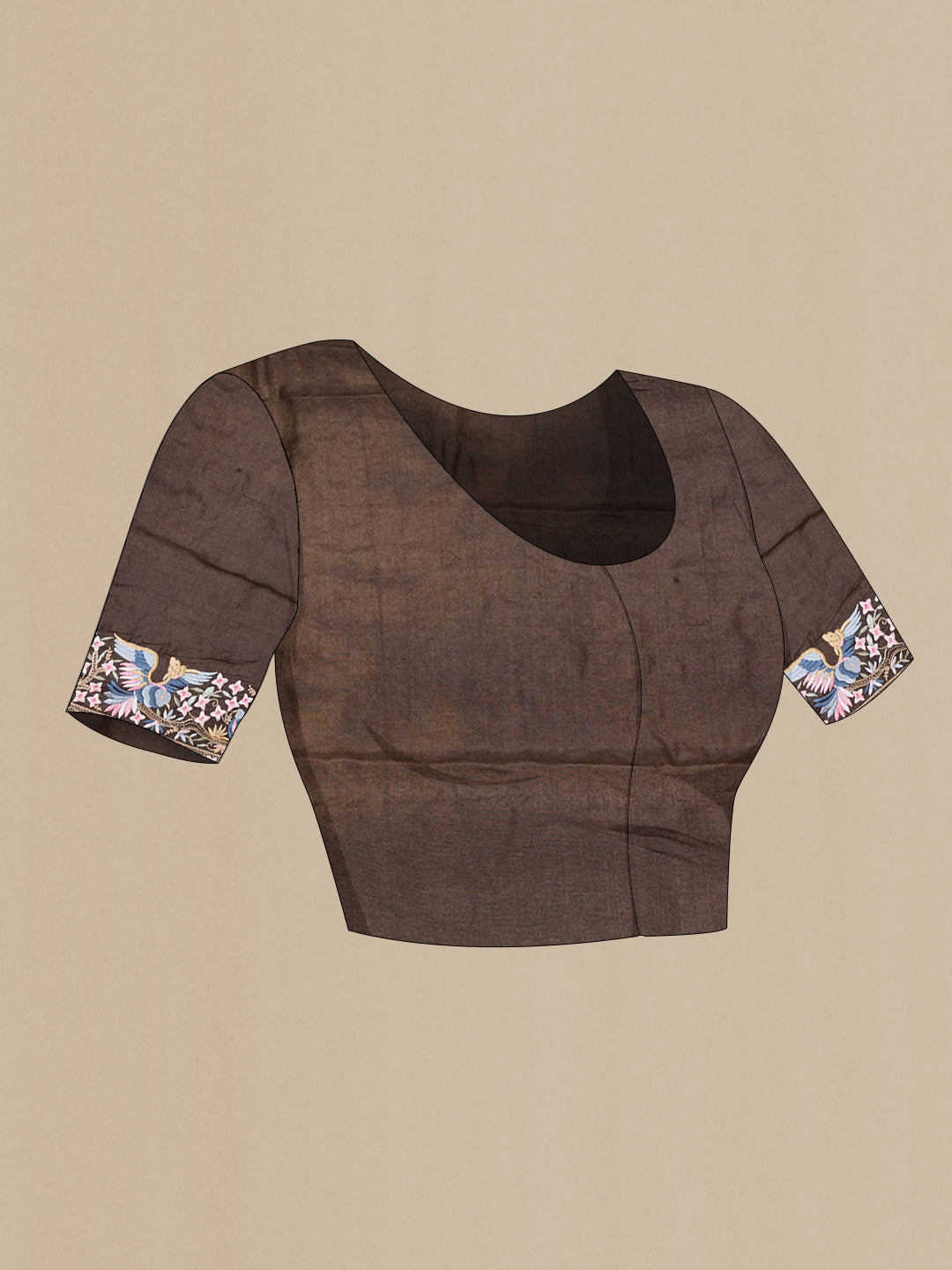Close up image of the blouse of Brown Dual Tone Tussar Saree with Embroidery on the body and Embroidery Border