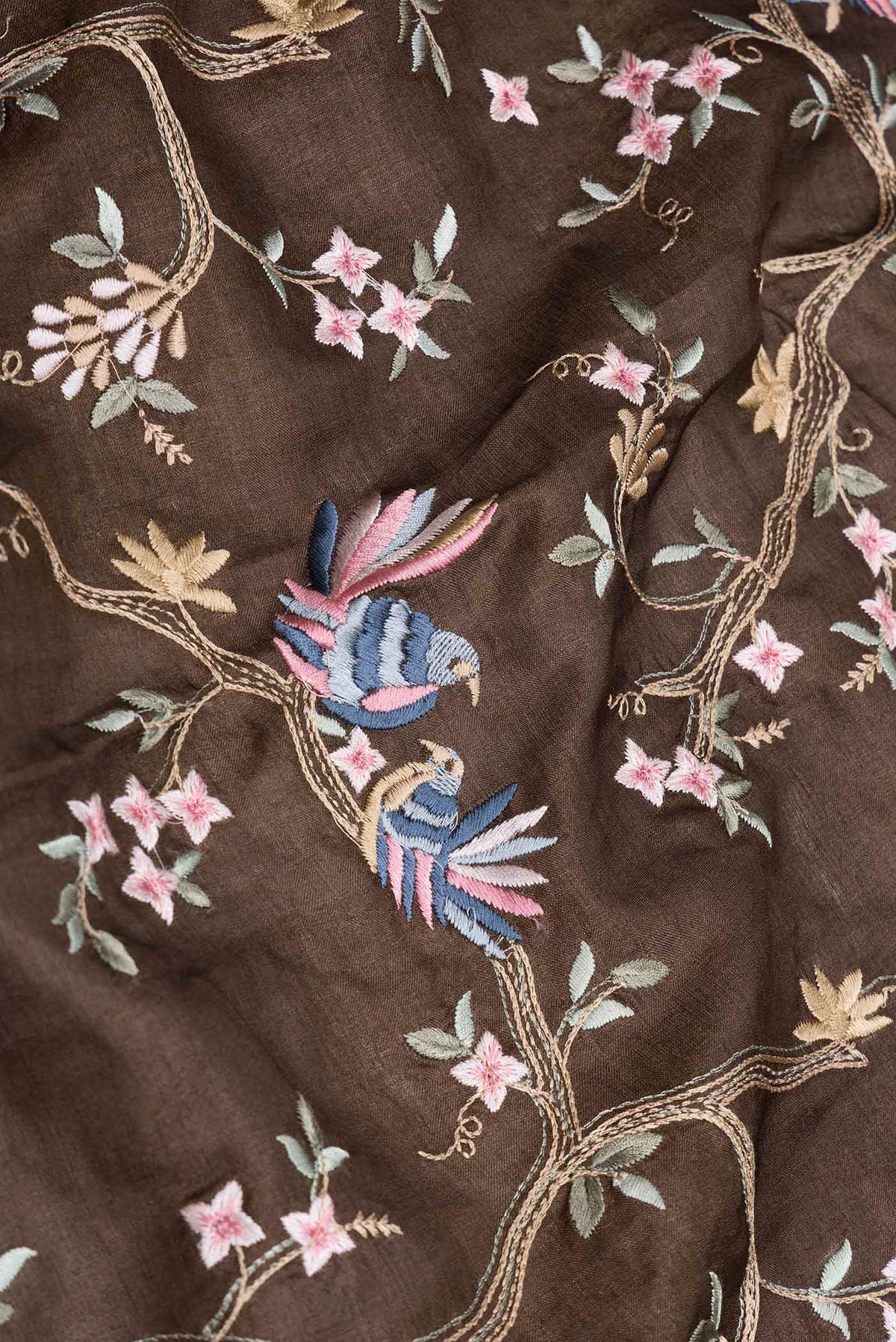 Close up of Brown Dual Tone Tussar Saree with Embroidery on the body and Embroidery Border displaying folds