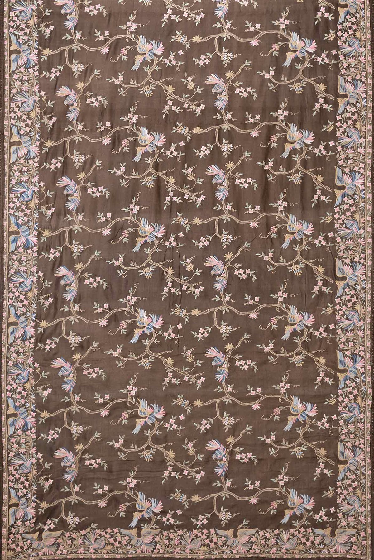 Flat view of Brown Dual Tone Tussar Saree with Embroidery on the body and Embroidery Border