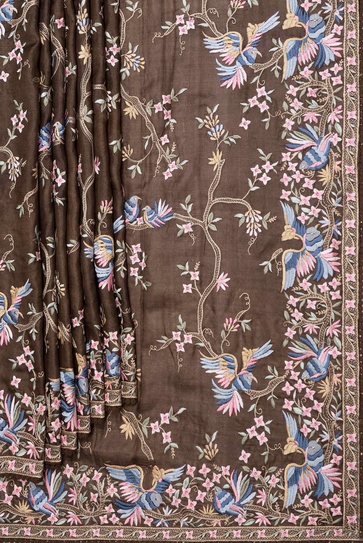 Pleats and pallu of Brown Dual Tone Tussar Saree with Embroidery on the body and Embroidery Border