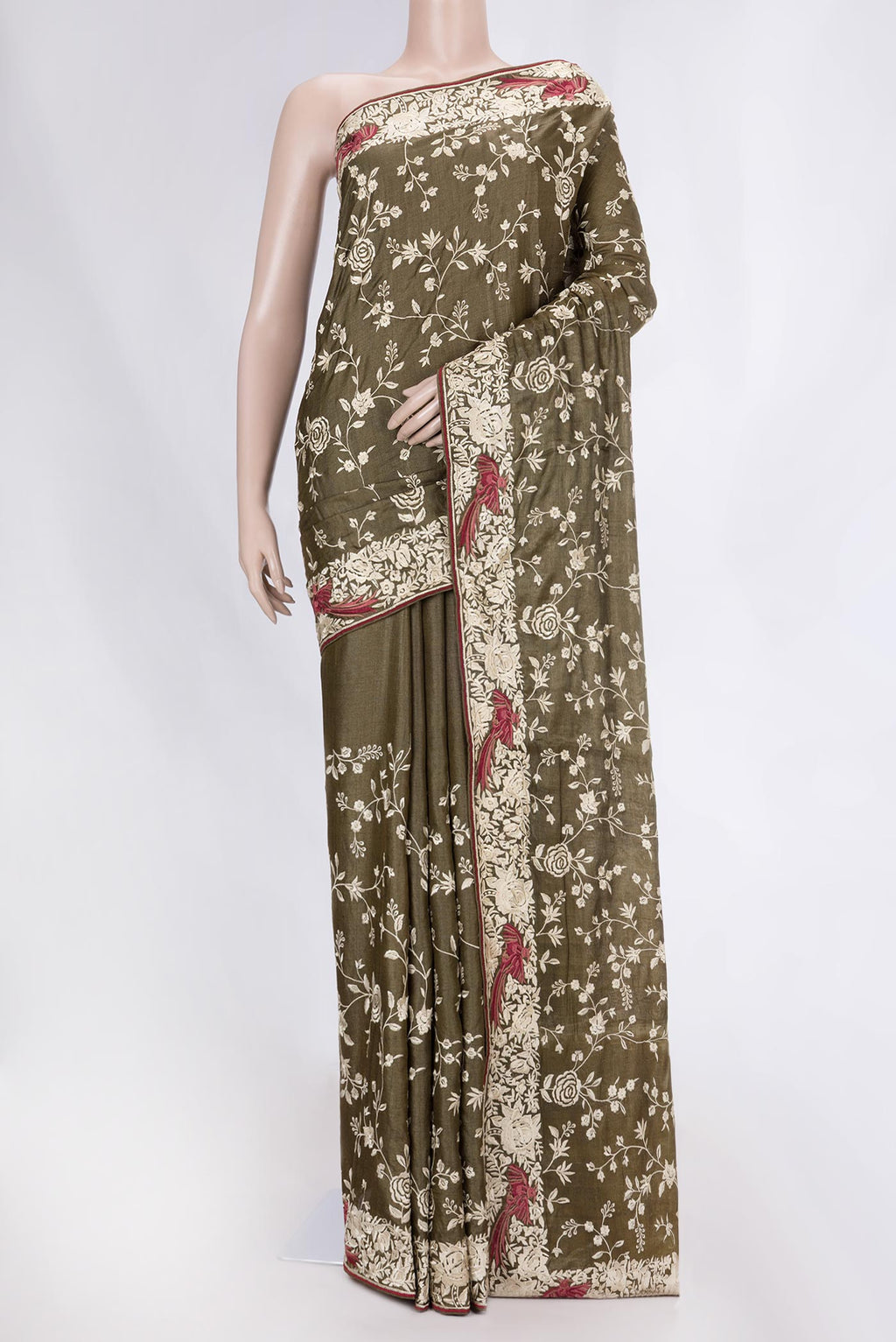 Mehandi Green Dual Tone Tussar Saree with Embroidery on the body and Embroidery Border displayed on a mannequin