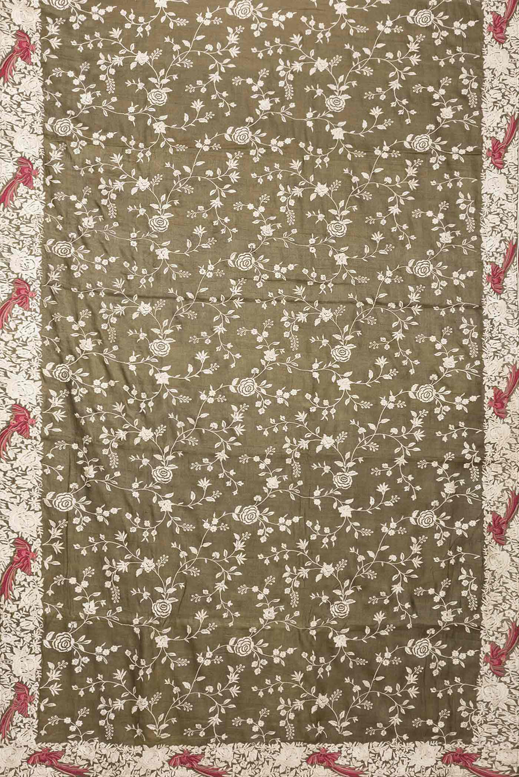 Flat view of Mehandi Green Dual Tone Tussar Saree with Embroidery on the body and Embroidery Border