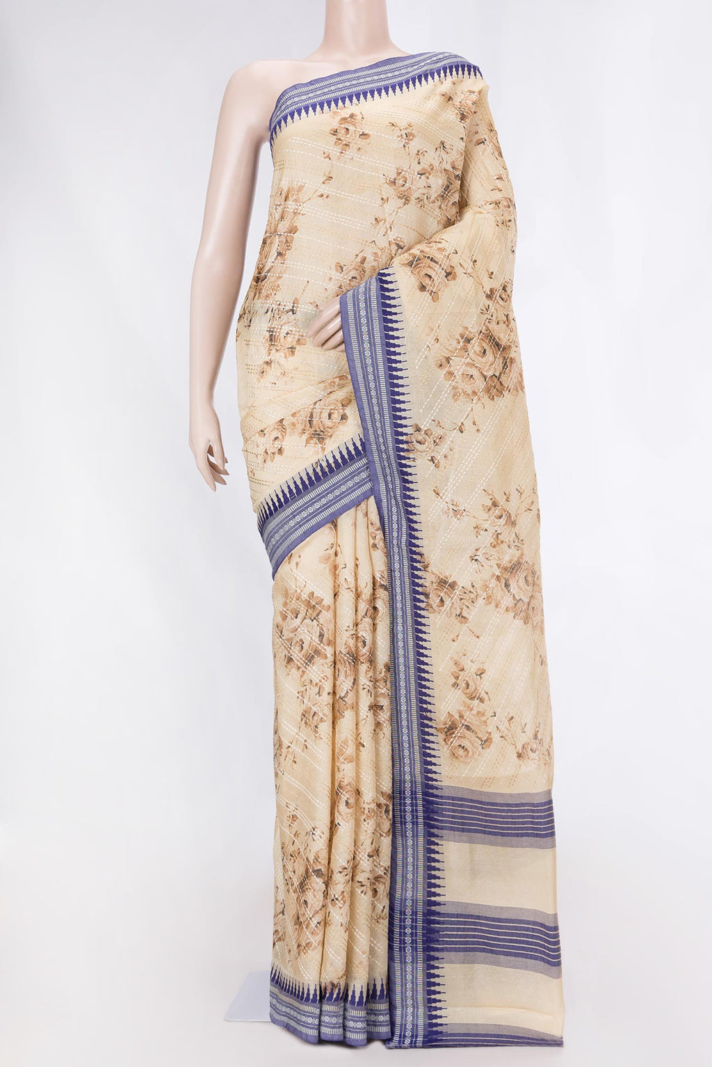Beige Dual Tone Tussar Saree with Embroidery on the body and Thread Border displayed on a mannequin