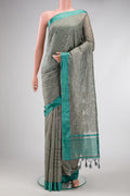Grey Dual Tone Mysore Georgette Saree with Embroidery on the body and Plain Border.  displayed on a mannequin