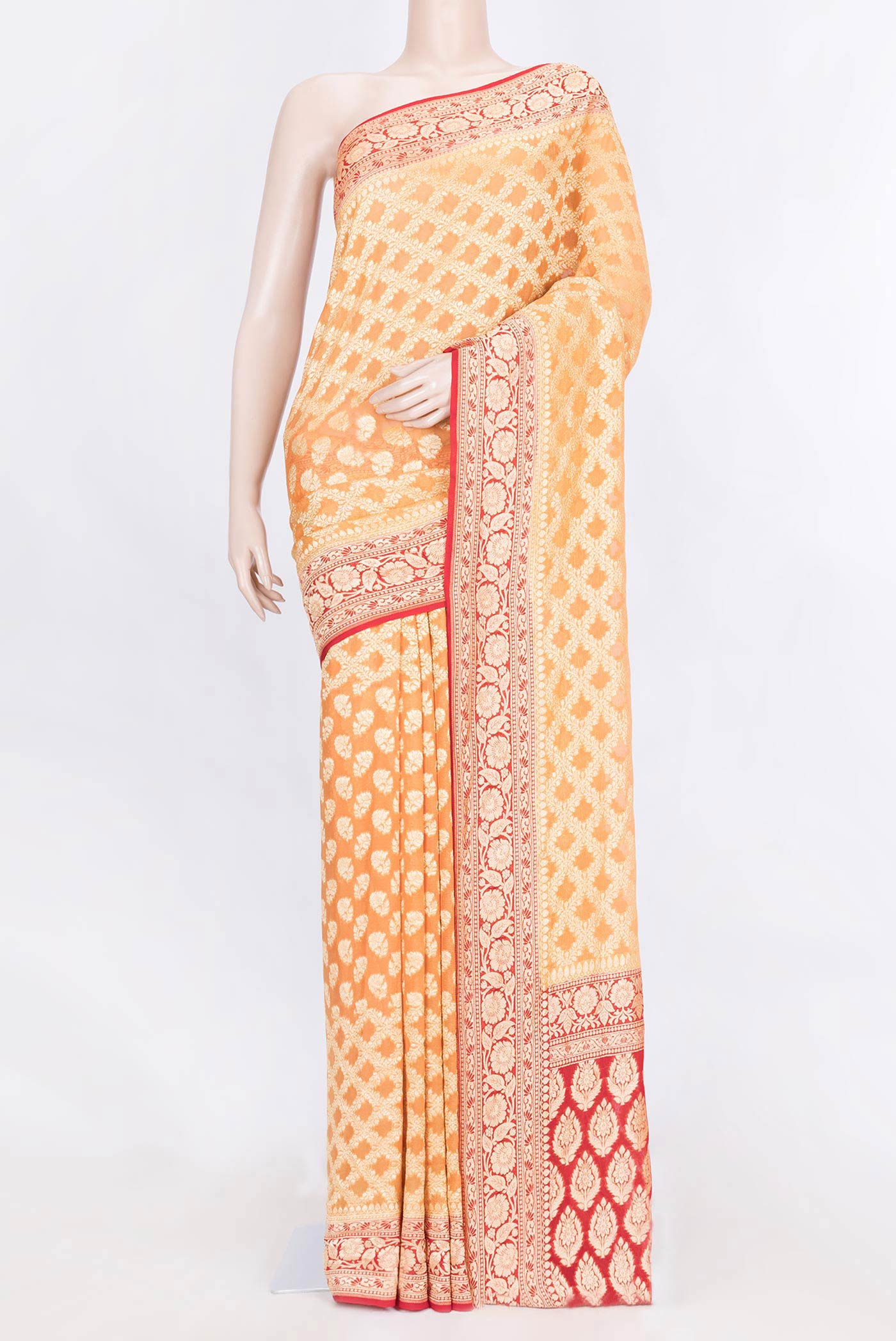 Peach Dual Tone Banarasi Georgette Saree with Zari Brocade on the body and Zari Border displayed on a mannequin