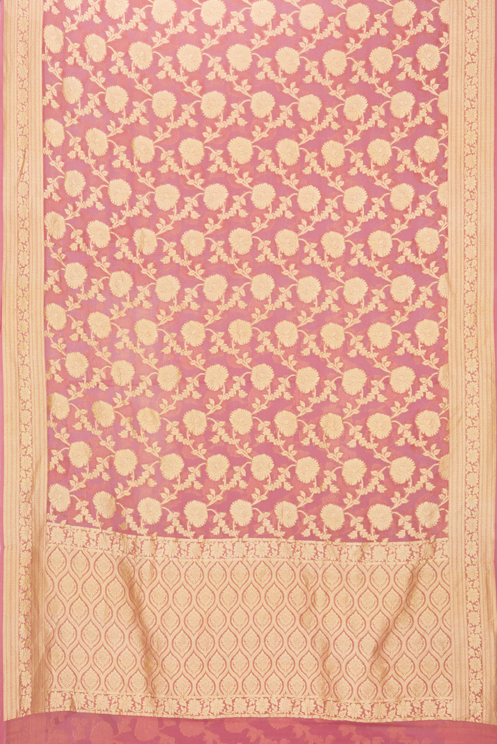 Flat view of Pink Banarasi Georgette Saree with Zari Brocade on the body and Zari Border. 