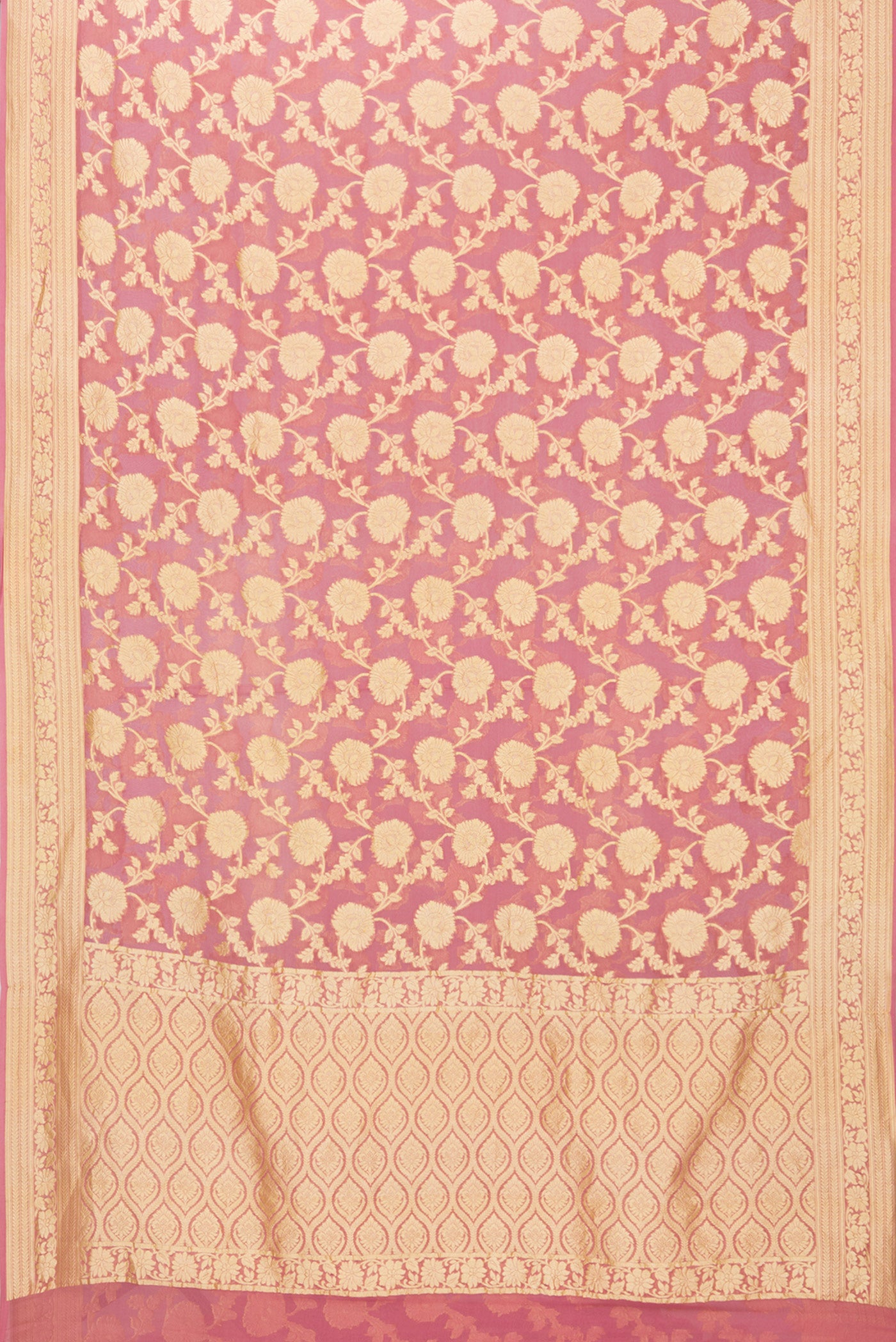Flat view of Pink Banarasi Georgette Saree with Zari Brocade on the body and Zari Border. 