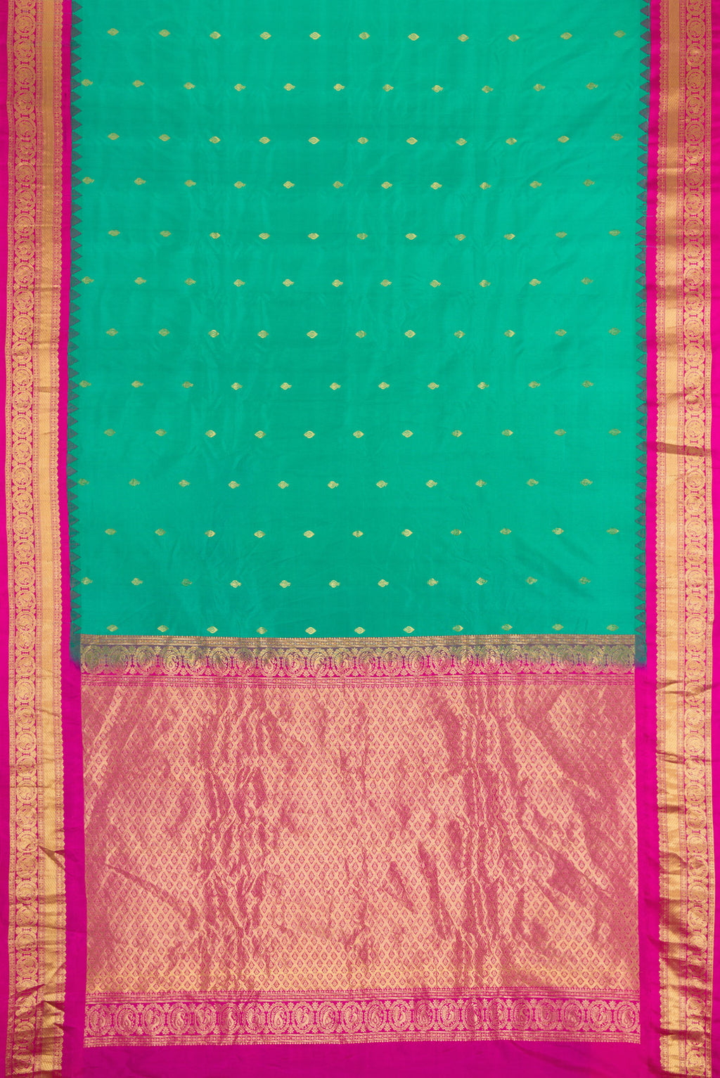 Flat view of Sea Green Gadwal Silk Saree with Zari Butta on the body and Zari Border. 