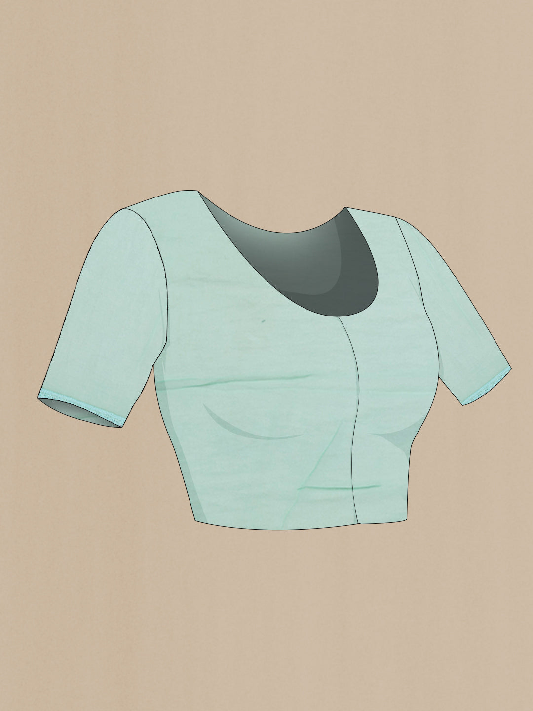 Close up image of the blouse of Sea Green Blended Chiffon Saree with Embroidery on the body and Embroidery Border. 