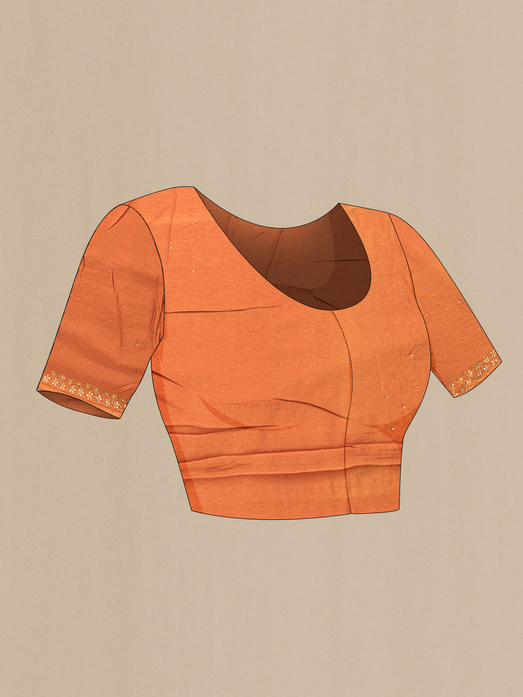 Close up image of the blouse of Orange Dual Tone Organza Silk Saree with Printed design on the body and Embroidery Border. 