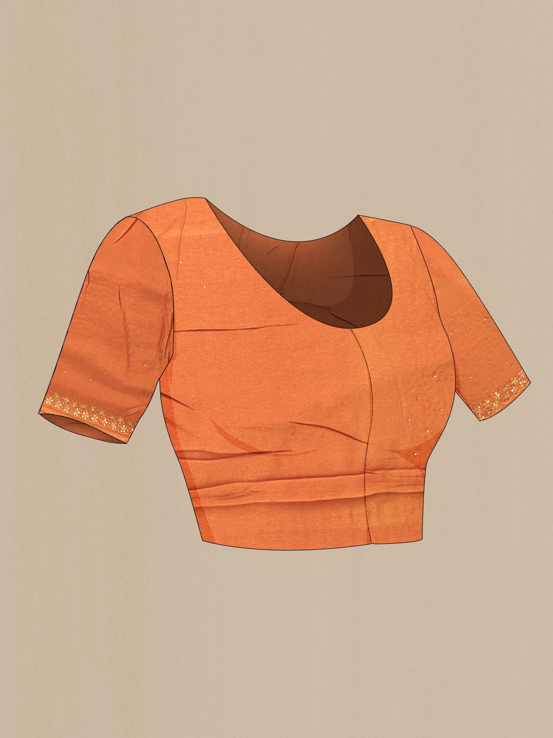 Close up image of the blouse of Orange Dual Tone Organza Silk Saree with Printed design on the body and Embroidery Border. 