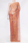 Orange Dual Tone Organza Silk Saree with Printed design on the body and Embroidery Border.  displayed on a mannequin