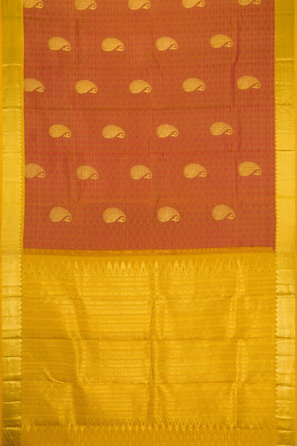 Flat view of Bronze Dual Tone Kanchipuram Silk Saree with Jacquard With Zari Butta on the body and Zari Border. 