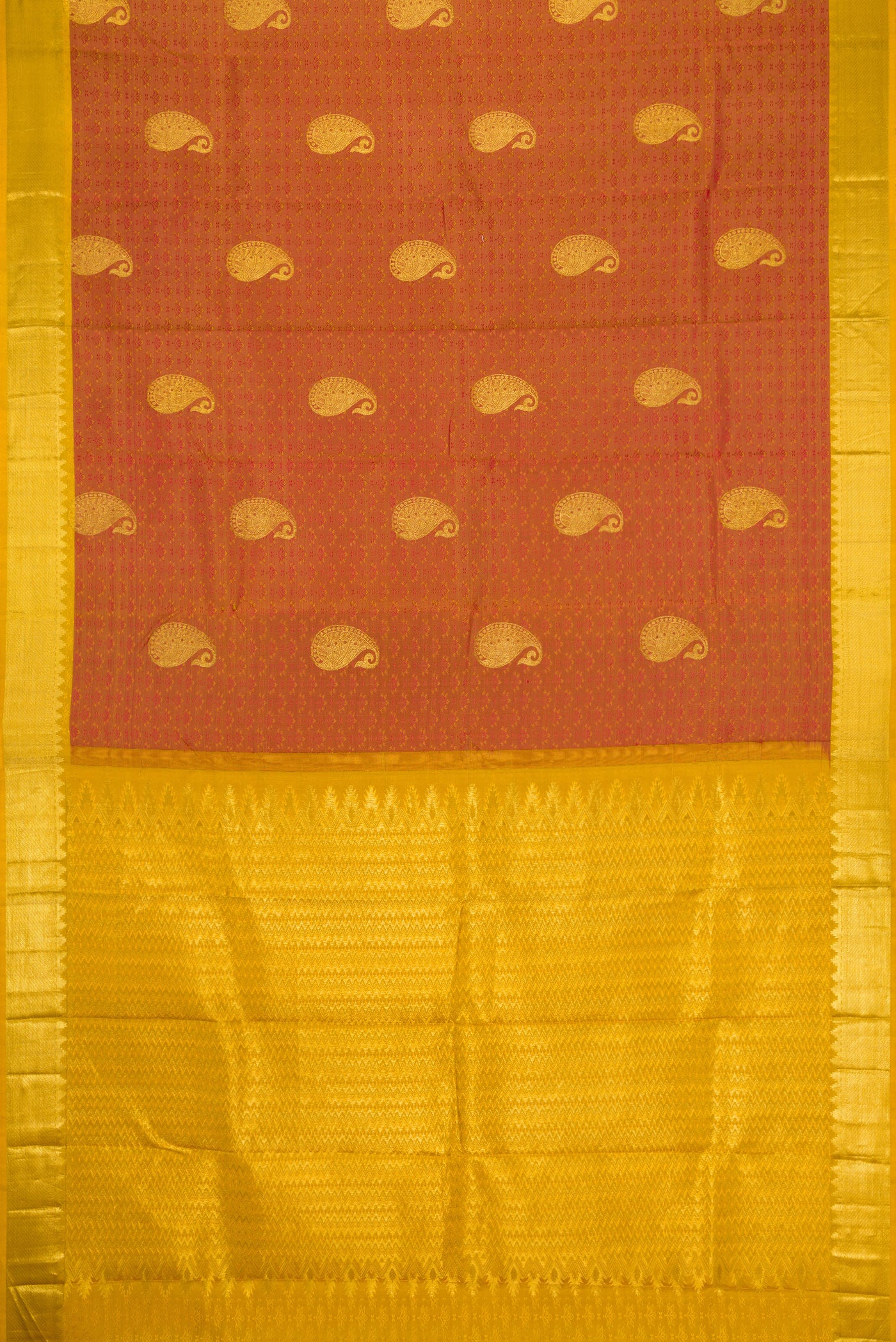 Flat view of Bronze Dual Tone Kanchipuram Silk Saree with Jacquard With Zari Butta on the body and Zari Border. 