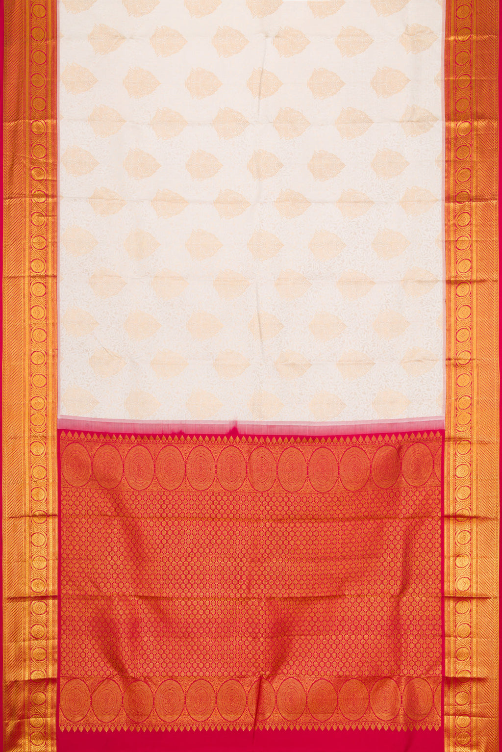Flat view of White Dual Tone Kanjivaram Silk Saree with Zari Brocade on the body and Zari Border. 