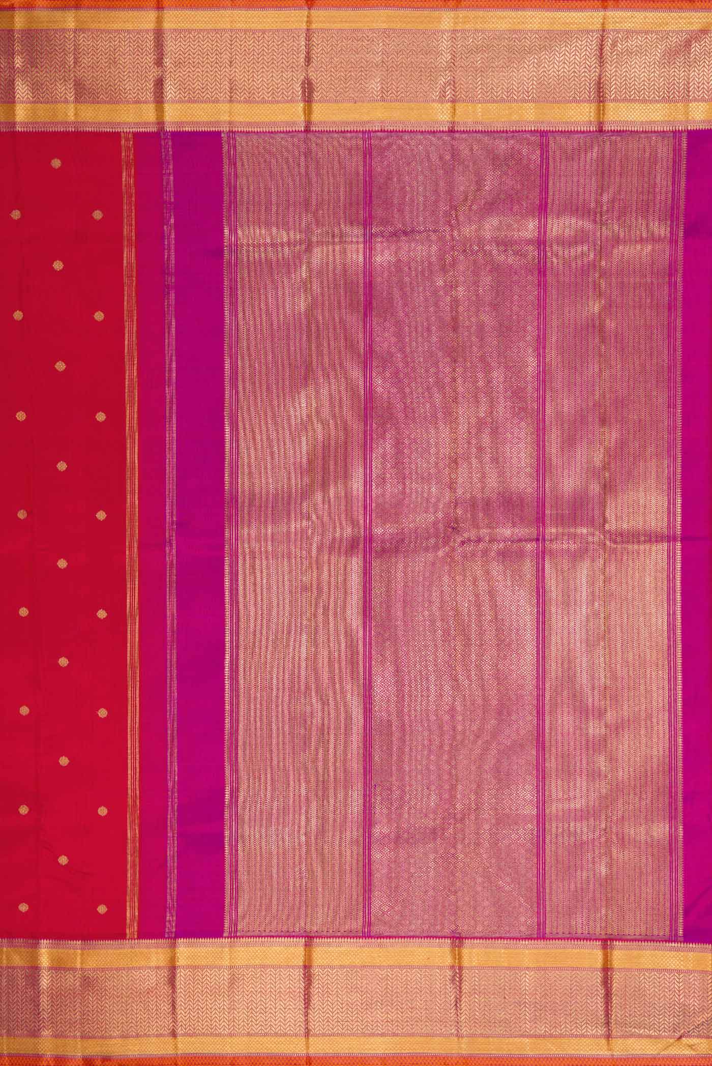 Close up image of the pallu of Pure Silk Pure Zari Red Dual Tone Kanchipuram Saree with Zari Butta on the body and Zari Border