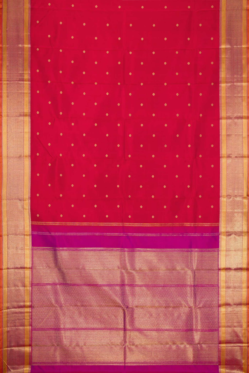Flat view of Pure Silk Pure Zari Red Dual Tone Kanchipuram Saree with Zari Butta on the body and Zari Border