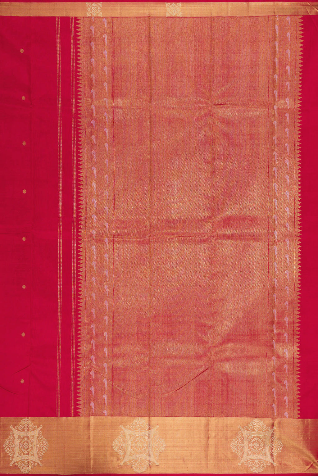 Close up image of the pallu of Pure Silk Pure Zari Maroon Kanchipuram Saree with Zari Butta on the body and Fancy Border. 