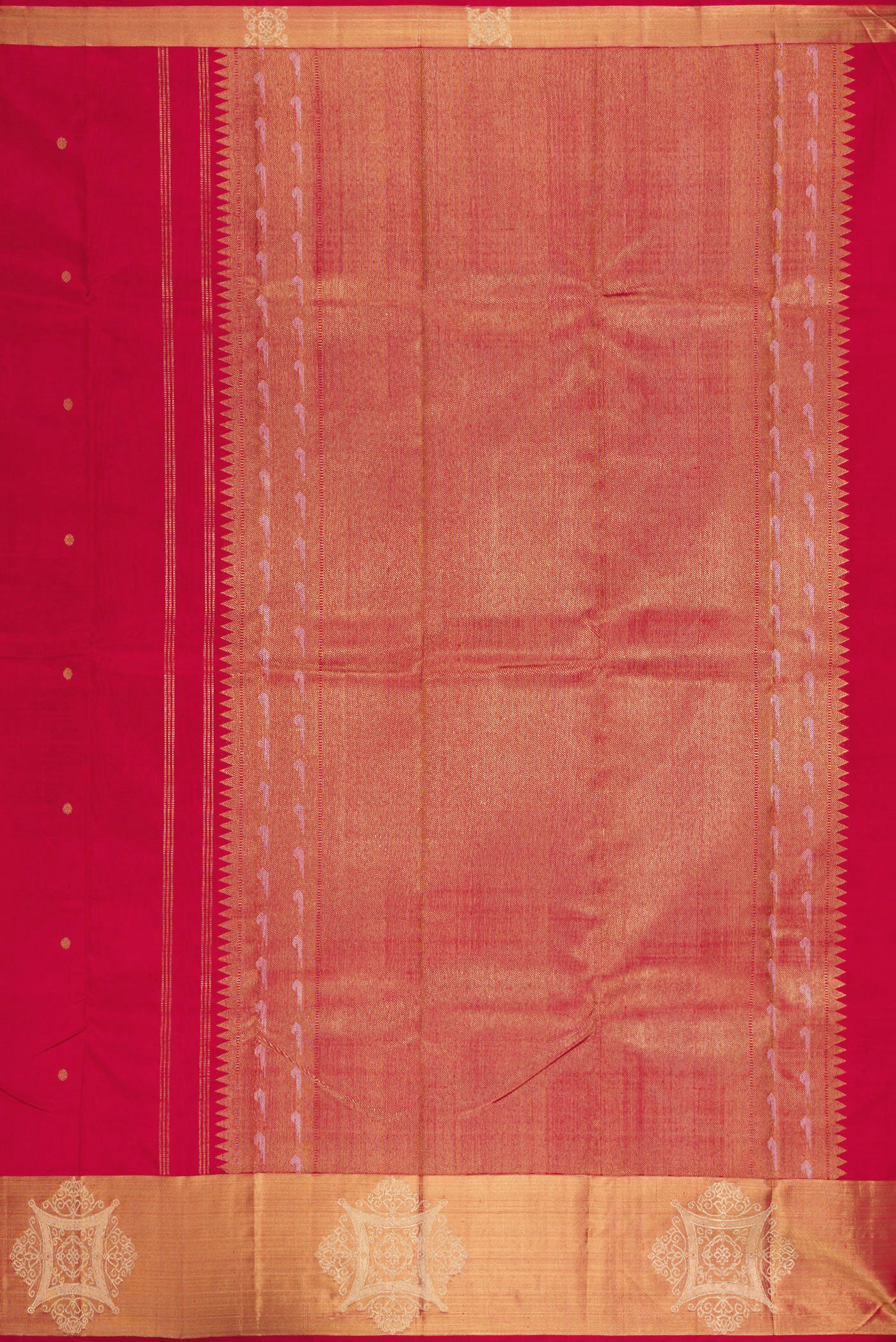 Close up image of the pallu of Pure Silk Pure Zari Maroon Kanchipuram Saree with Zari Butta on the body and Fancy Border. 